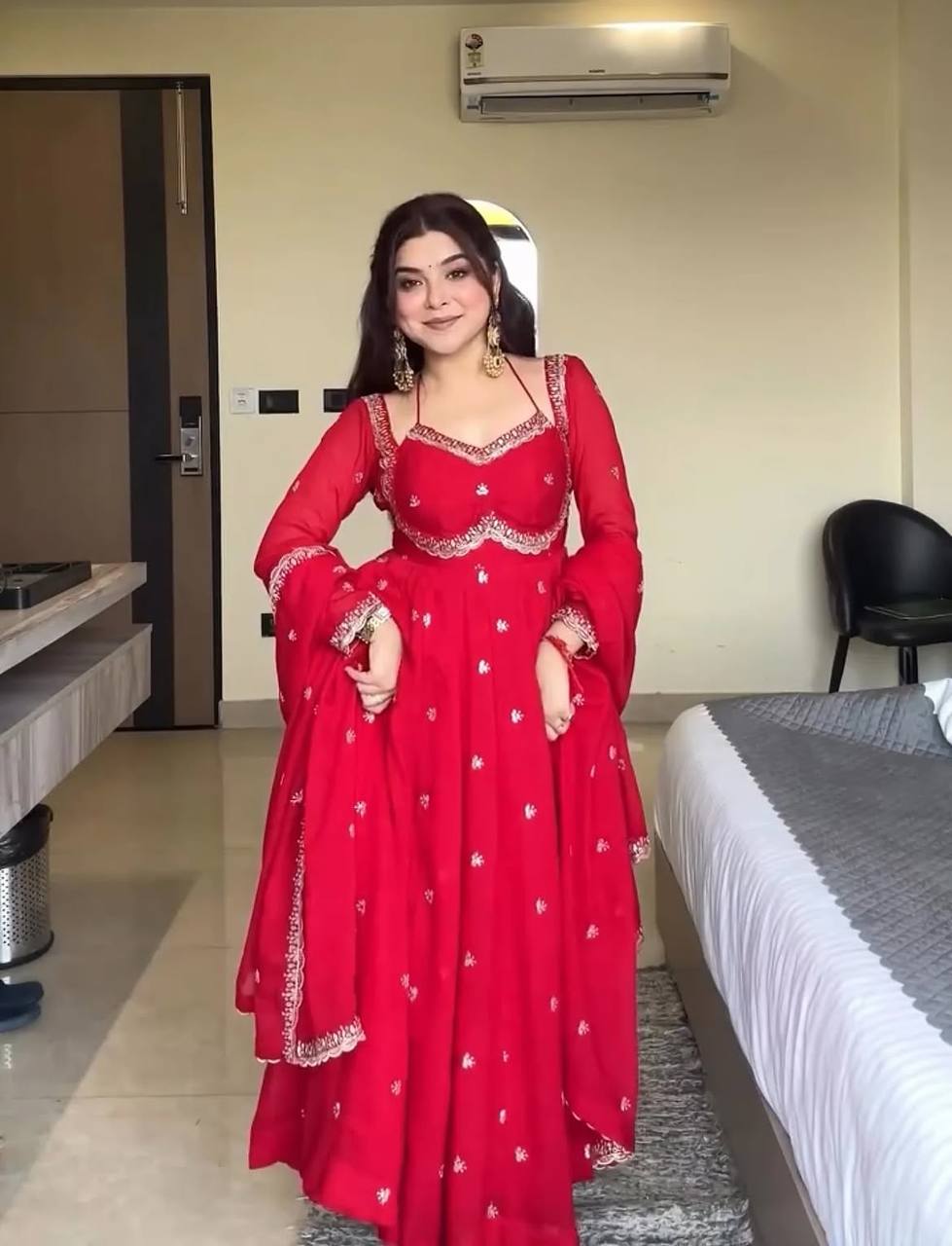 Red Faux Blooming Zari Sequins Anarkali Suit
