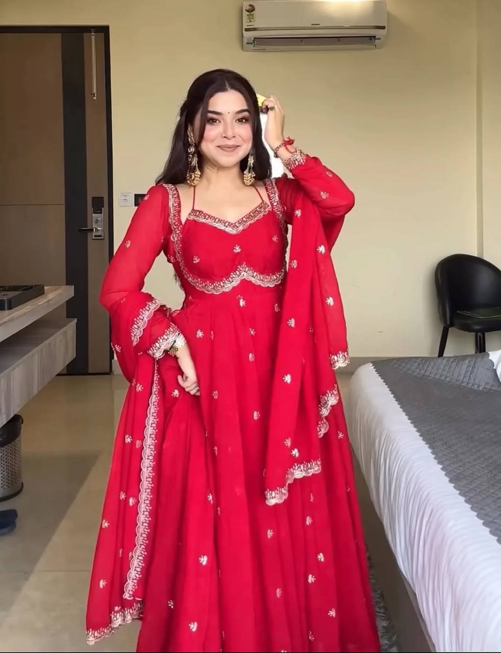 Red Faux Blooming Zari Sequins Anarkali Suit