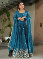 Blue Chinon Embroidered Anarkali Gown with Dupatta
