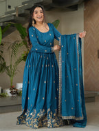 Blue Anarkali Gown - front view with dupatta