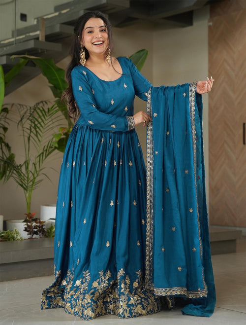 Blue Anarkali Gown - front view with dupatta
