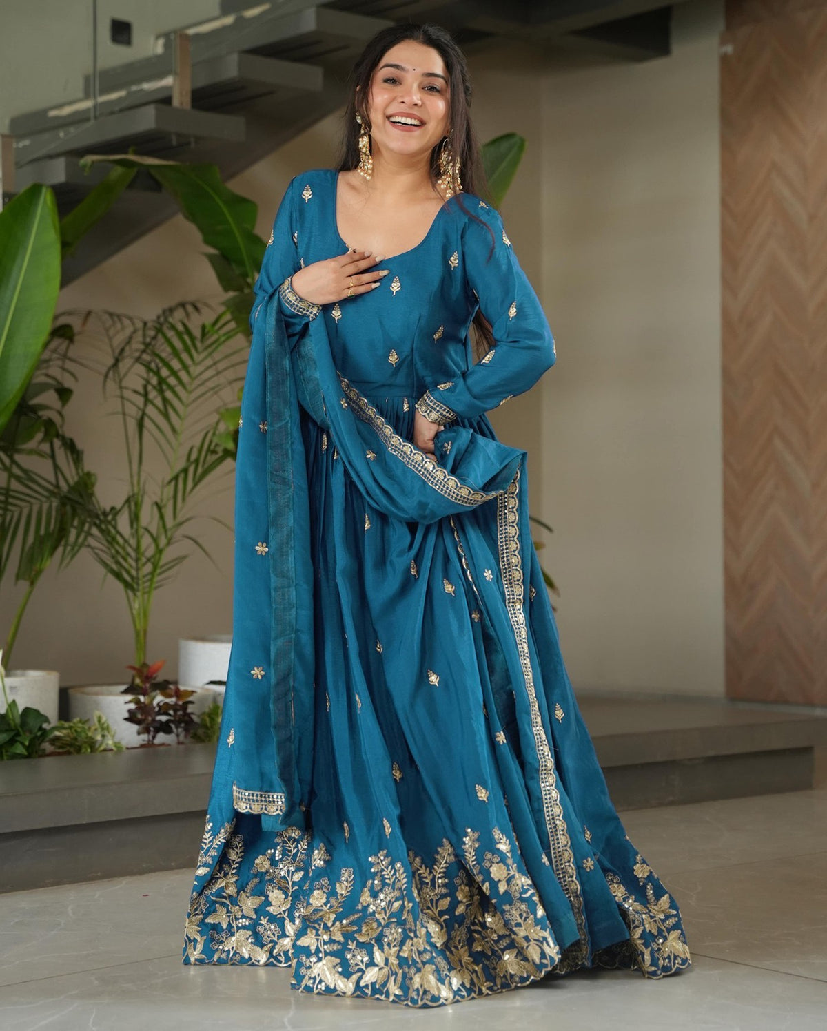 Blue Anarkali Gown - embroidered border flair