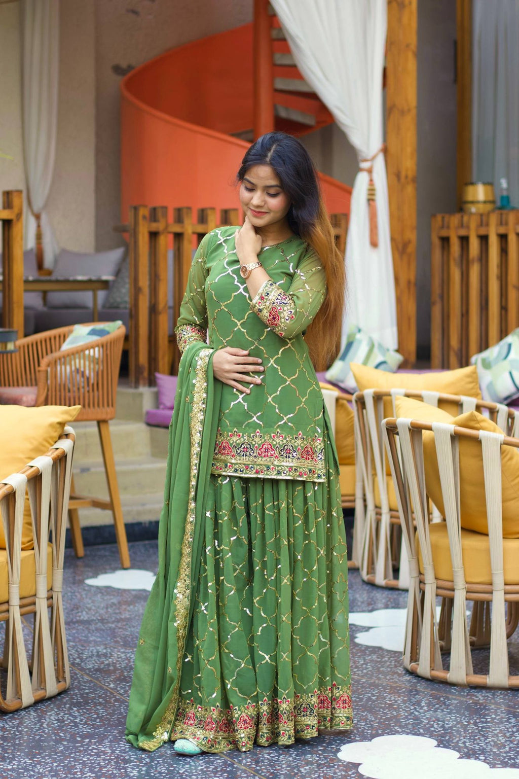 Green Chinon Silk Sequins Sharara Suit