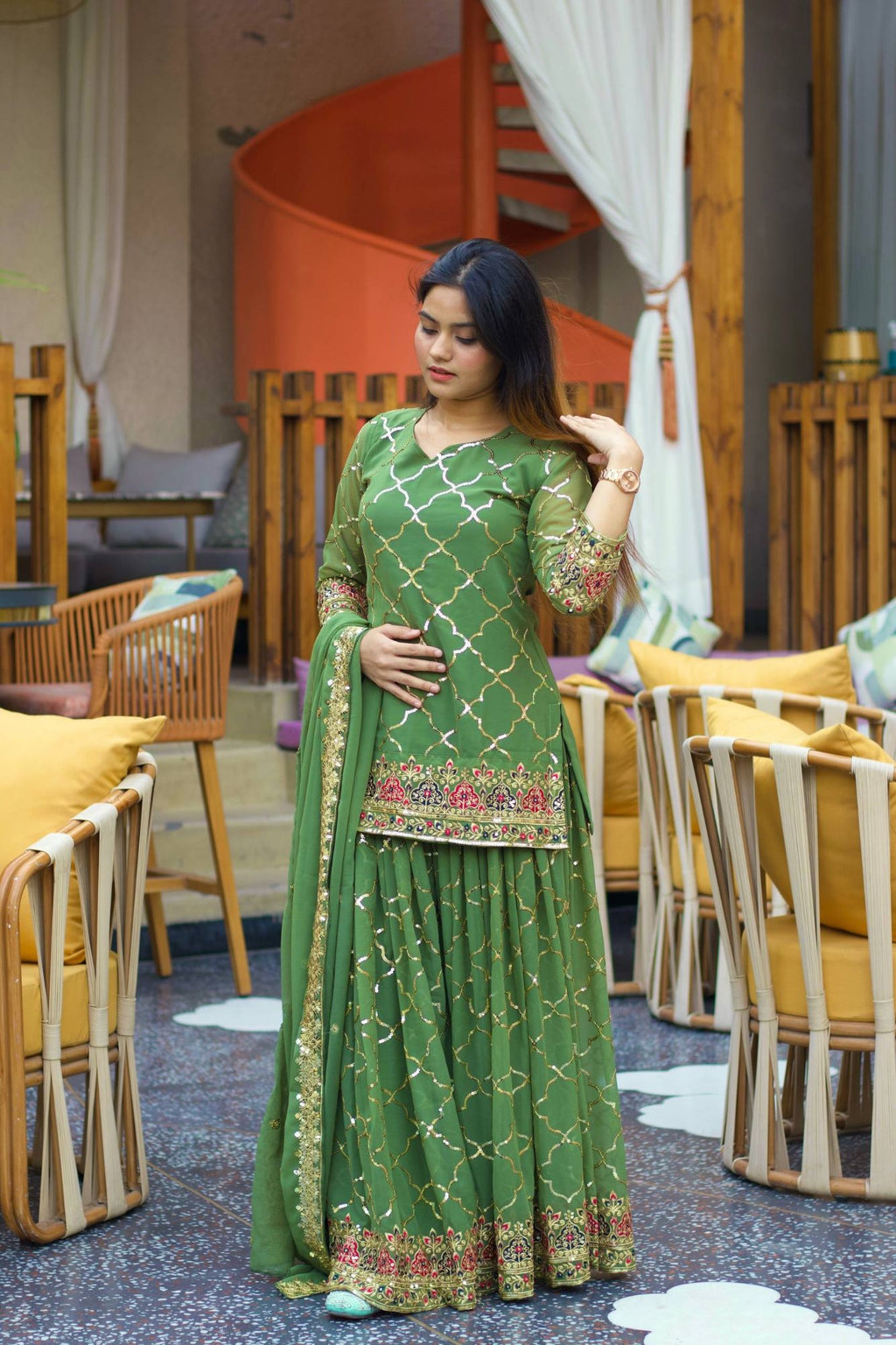Green Chinon Silk Sequins Sharara Suit