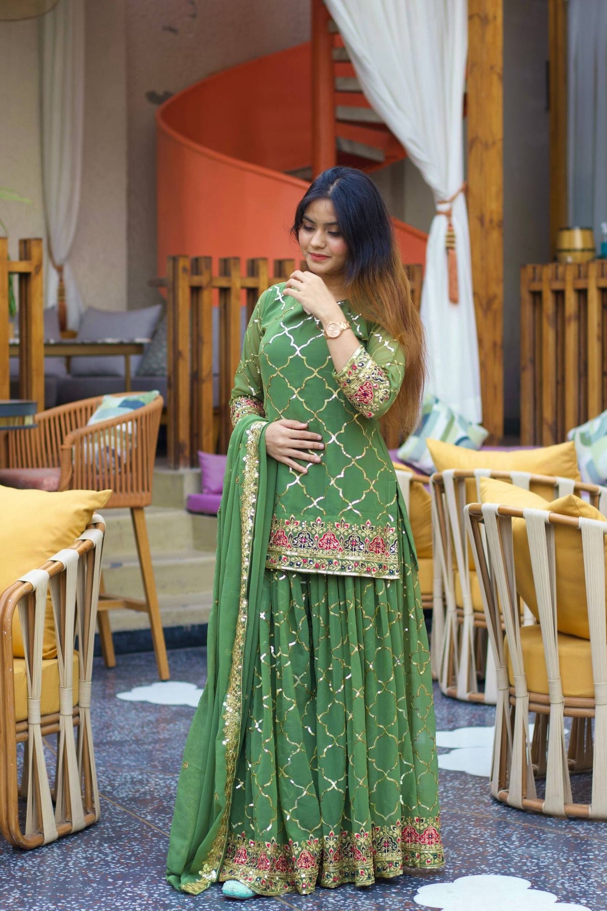 Green Chinon Silk Sequins Sharara Suit