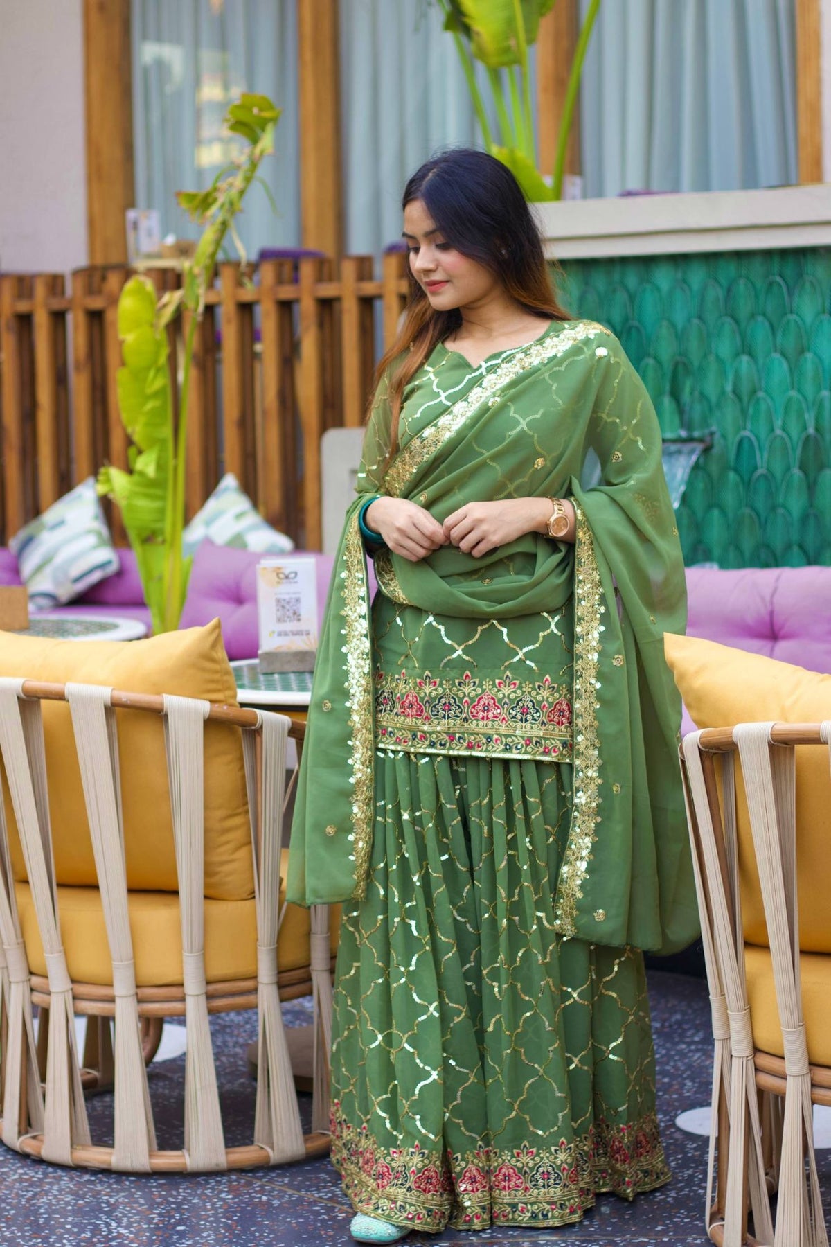 Green Chinon Silk Sequins Sharara Suit