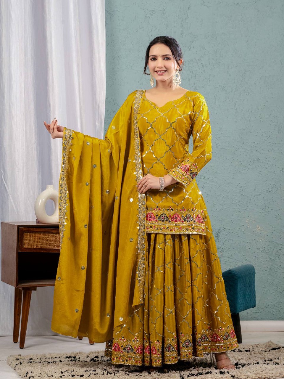 Mustard Chinon Silk Sequins Sharara Suit