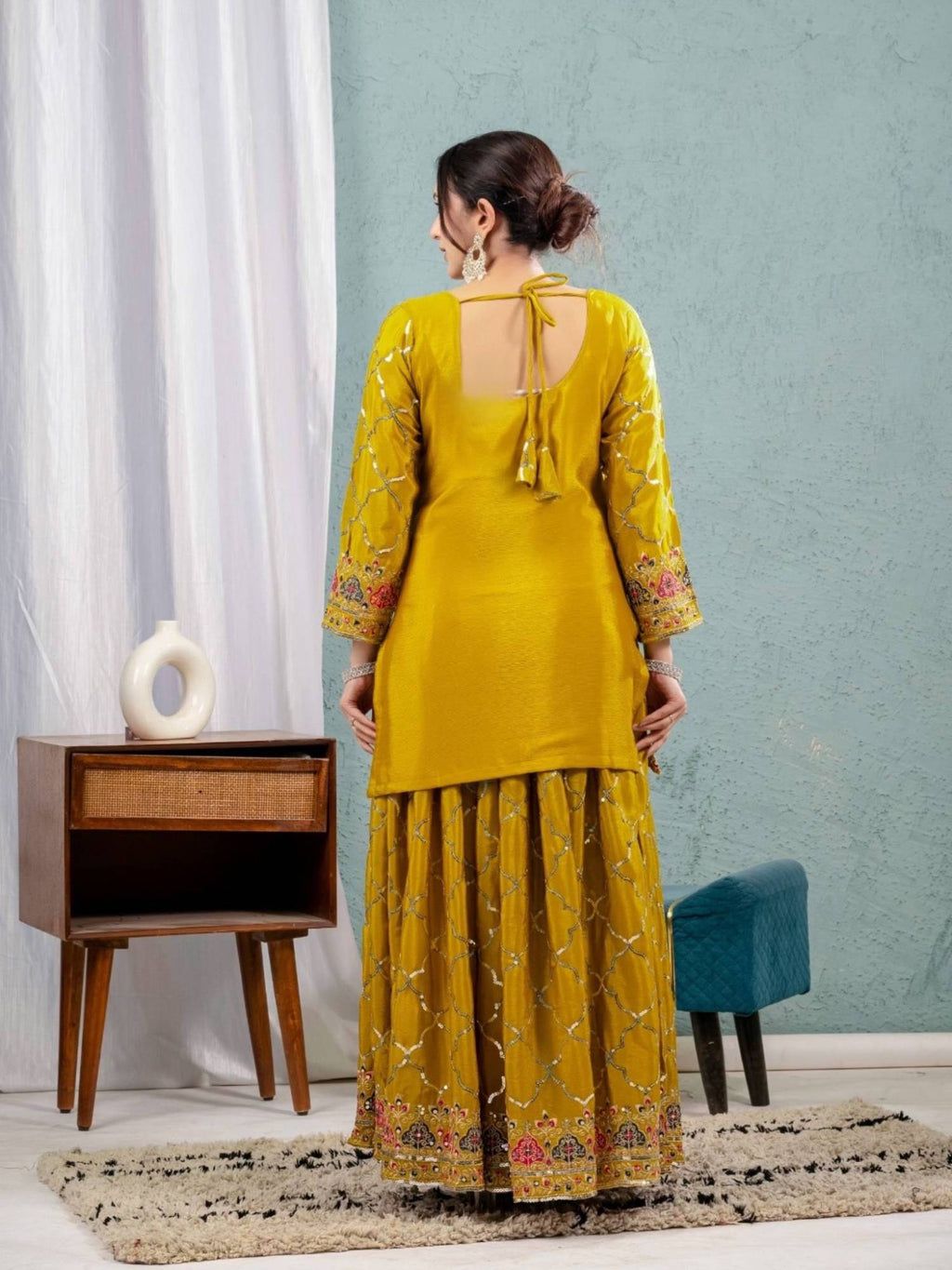 Mustard Chinon Silk Sequins Sharara Suit