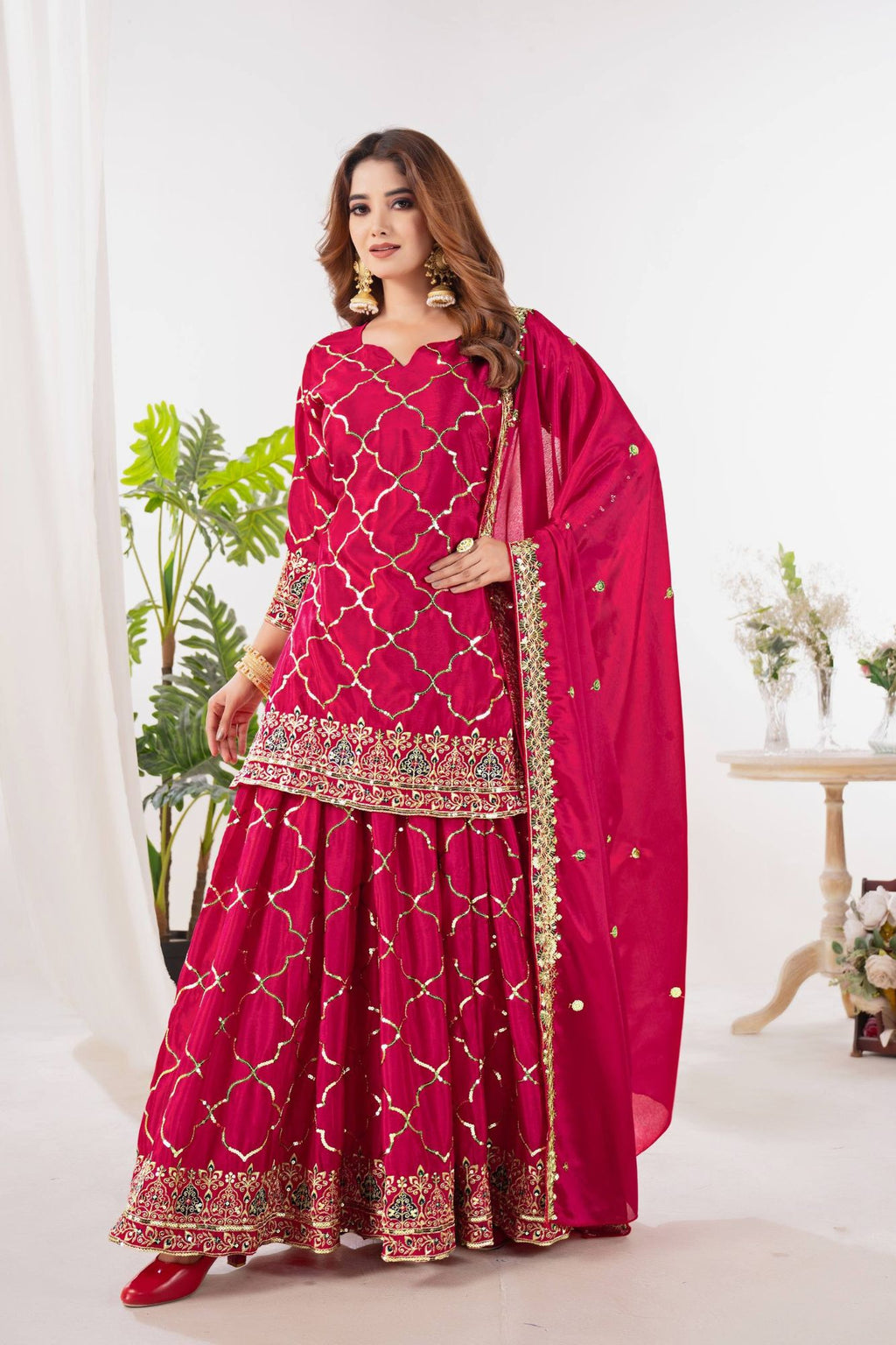 Rani Pink Chinon Silk Sequins Sharara Suit