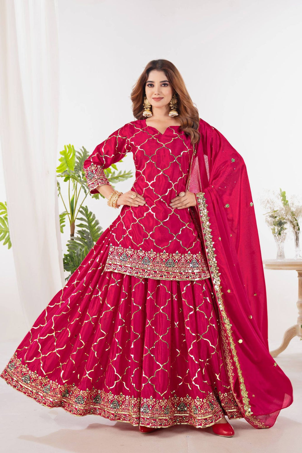 Rani Pink Chinon Silk Sequins Sharara Suit