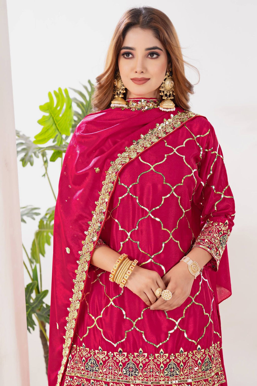 Rani Pink Chinon Silk Sequins Sharara Suit