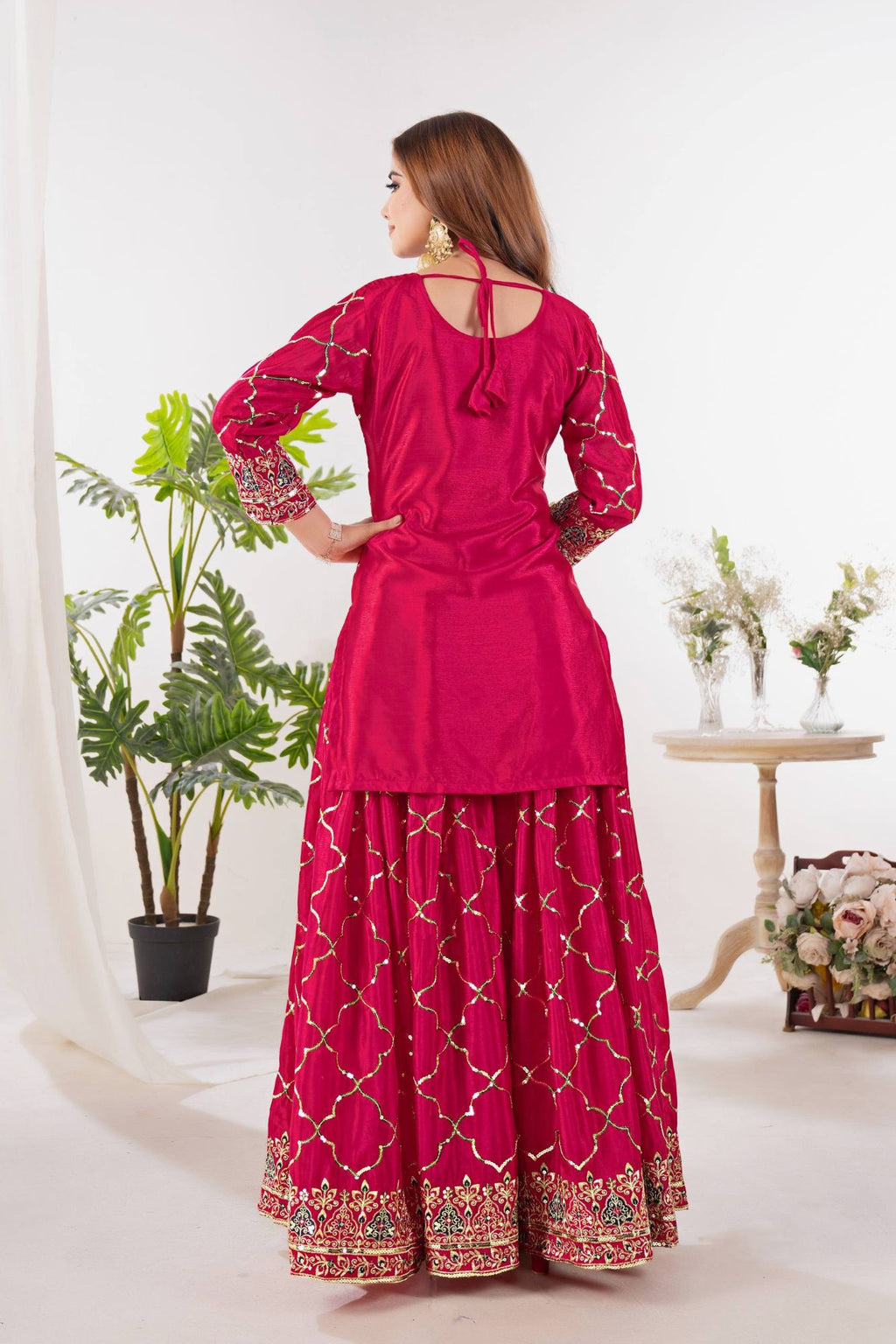 Rani Pink Chinon Silk Sequins Sharara Suit