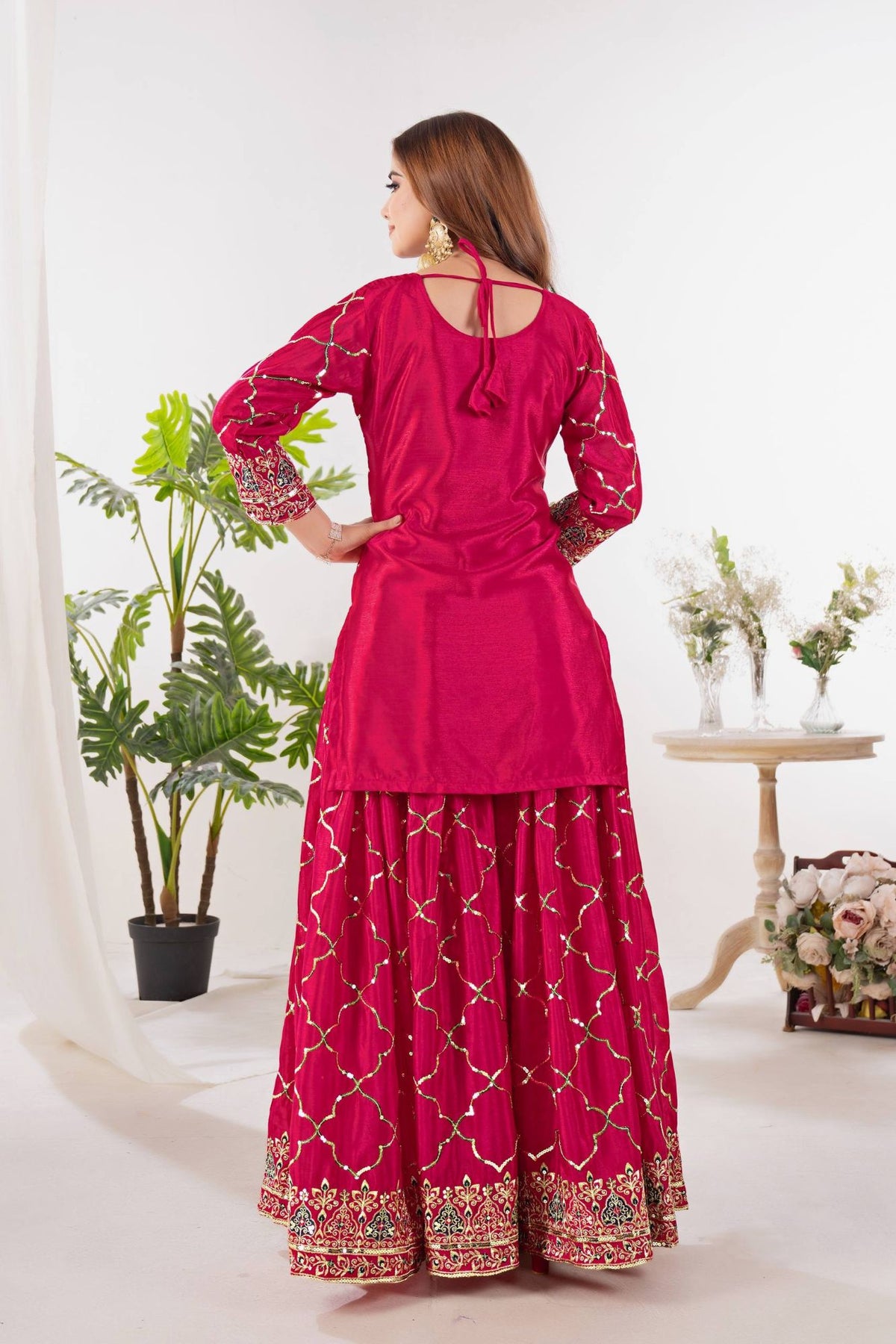Rani Pink Chinon Silk Sequins Sharara Suit