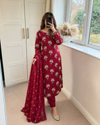 Red Chinon Sequence Embroidered Straight Suit Set for Women