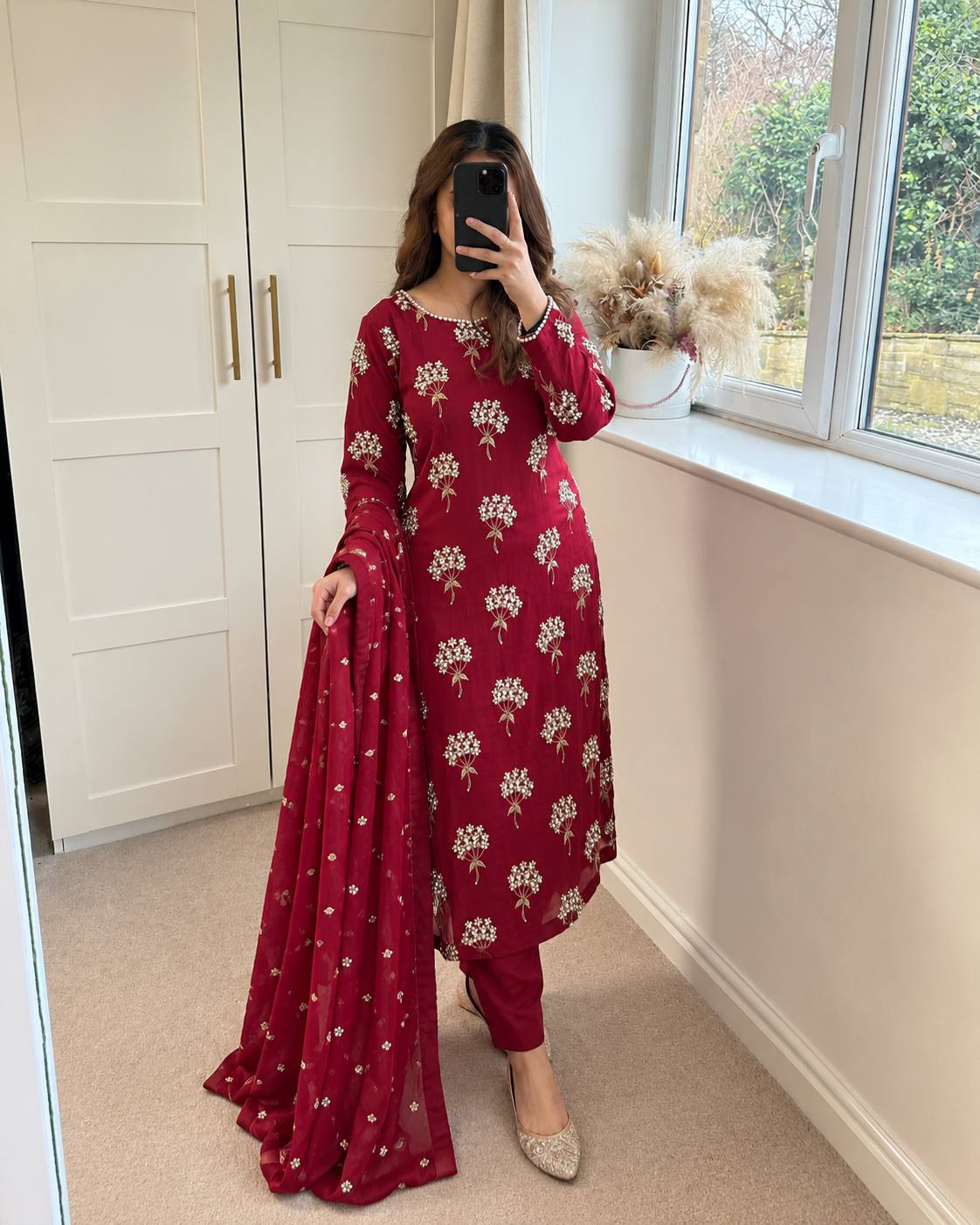 Red Chinon Sequence Embroidered Straight Suit Set for Women