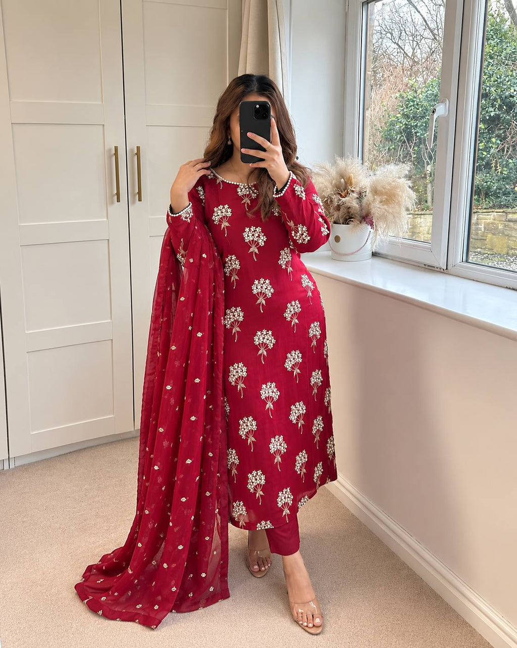 Red Chinon Sequence Embroidered Straight Suit Set for Women