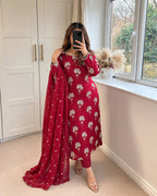Red Chinon Sequence Embroidered Straight Suit Set for Women