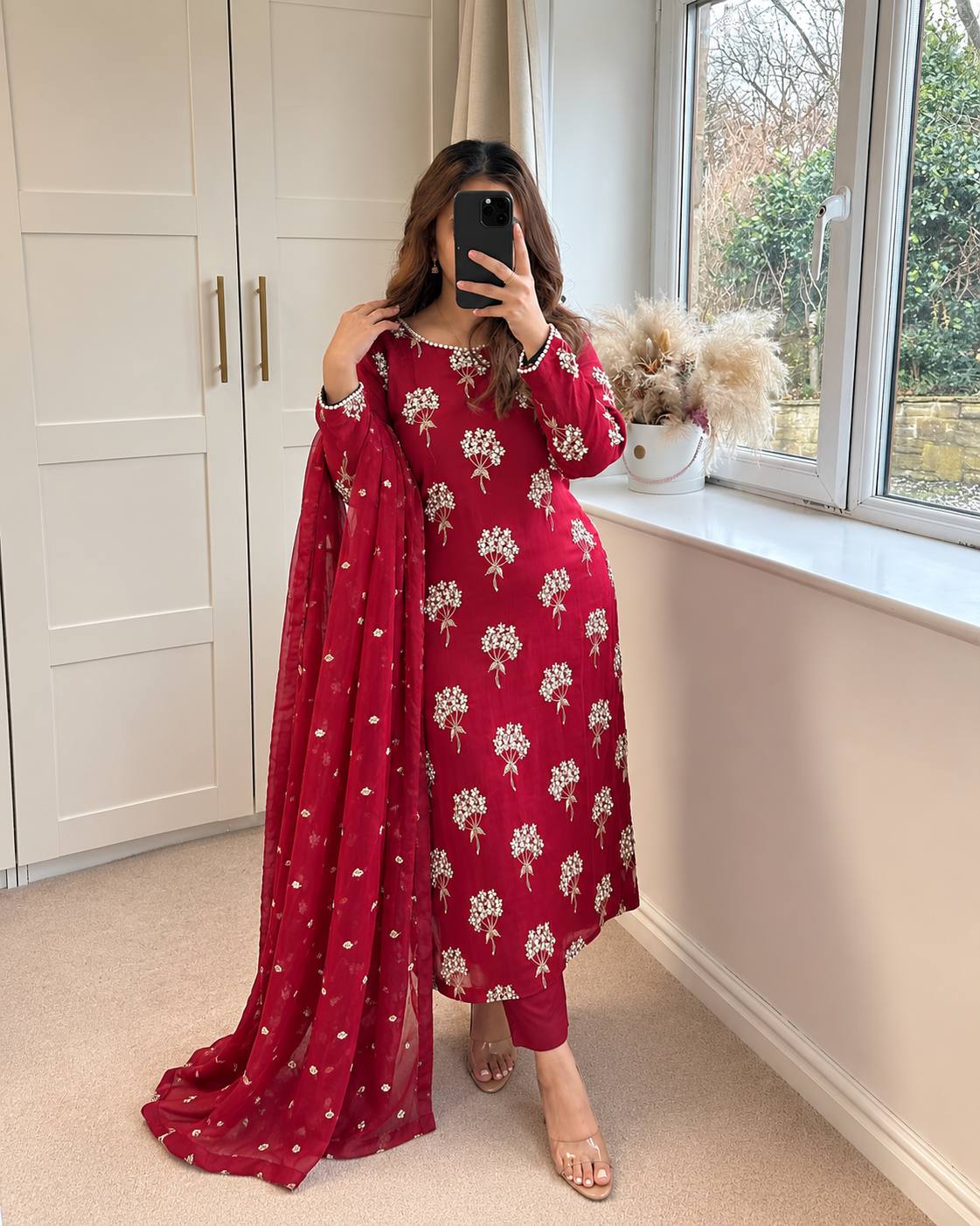 Red Chinon Sequence Embroidered Straight Suit Set for Women