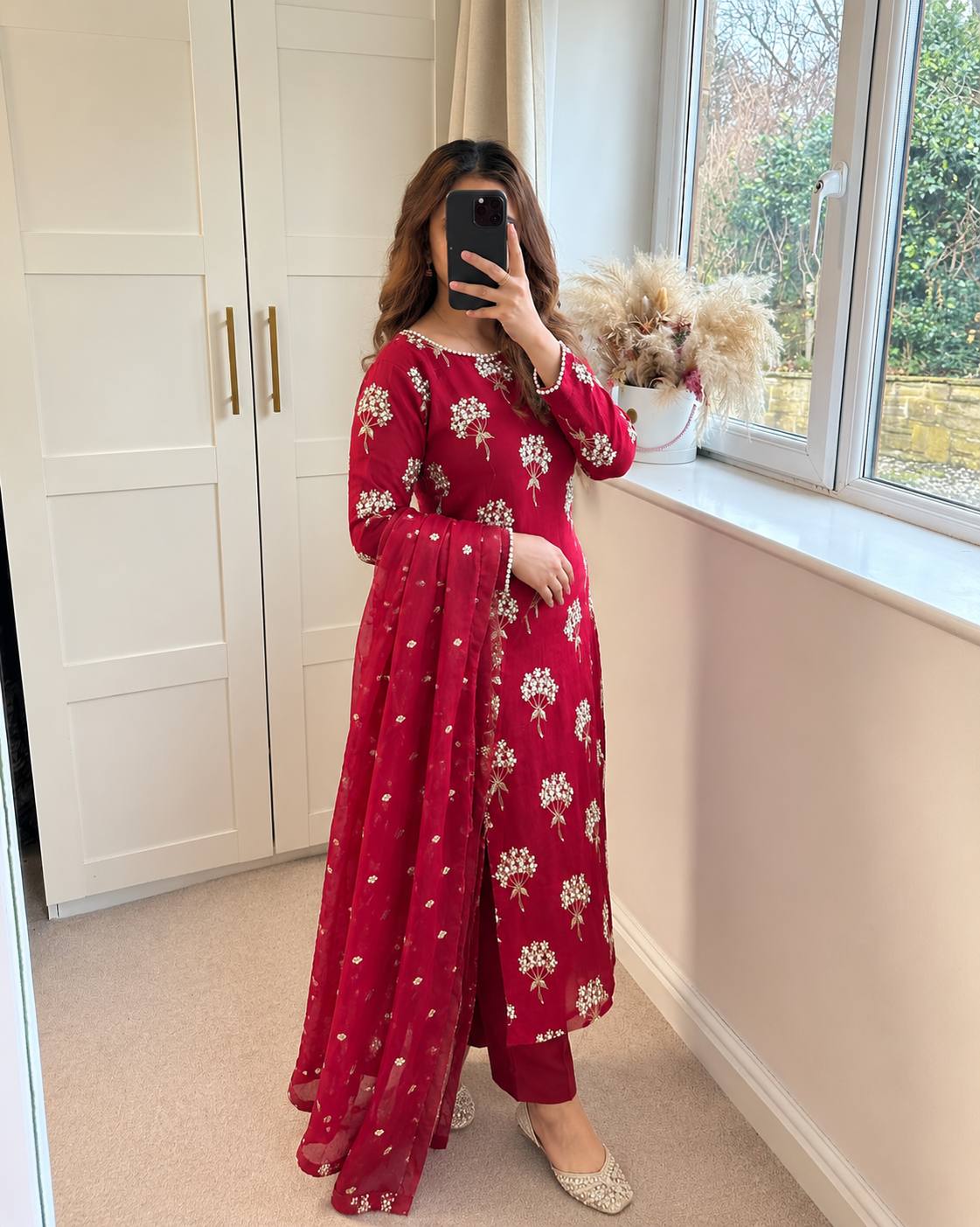 Red Chinon Sequence Embroidered Straight Suit Set for Women