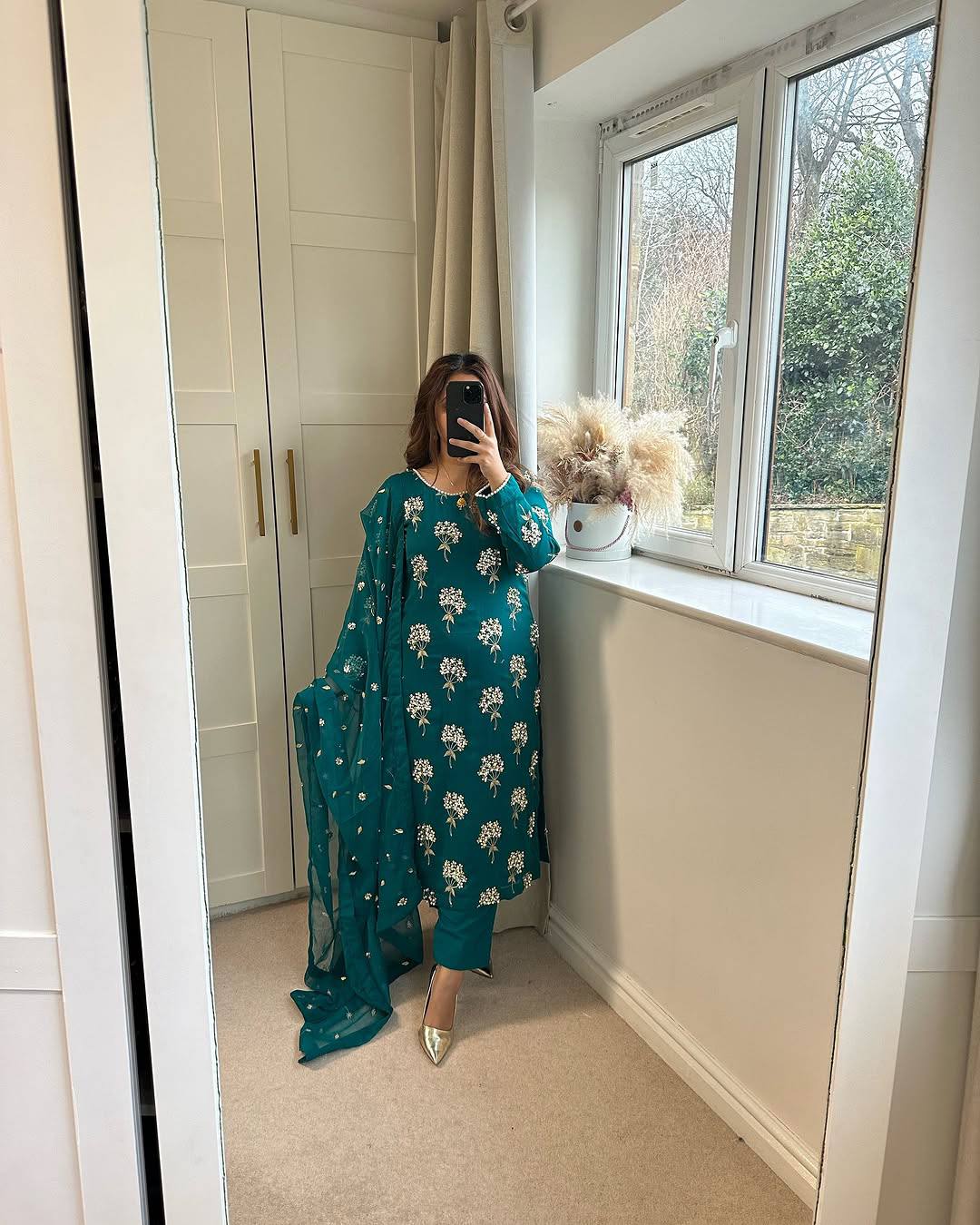 Teal Blue Chinon Sequence Embroidered Straight Suit Set for Women