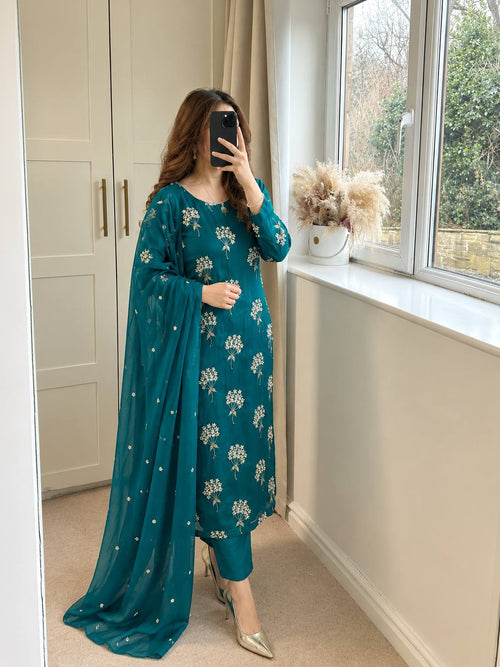Teal Blue Chinon Sequence Embroidered Straight Suit Set for Women