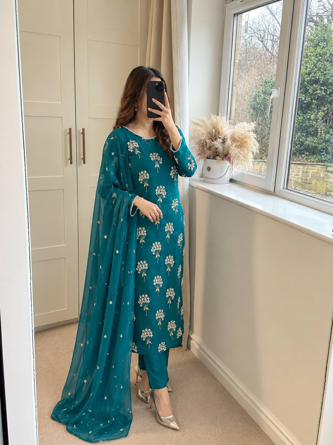 Teal Blue Chinon Sequence Embroidered Straight Suit Set for Women