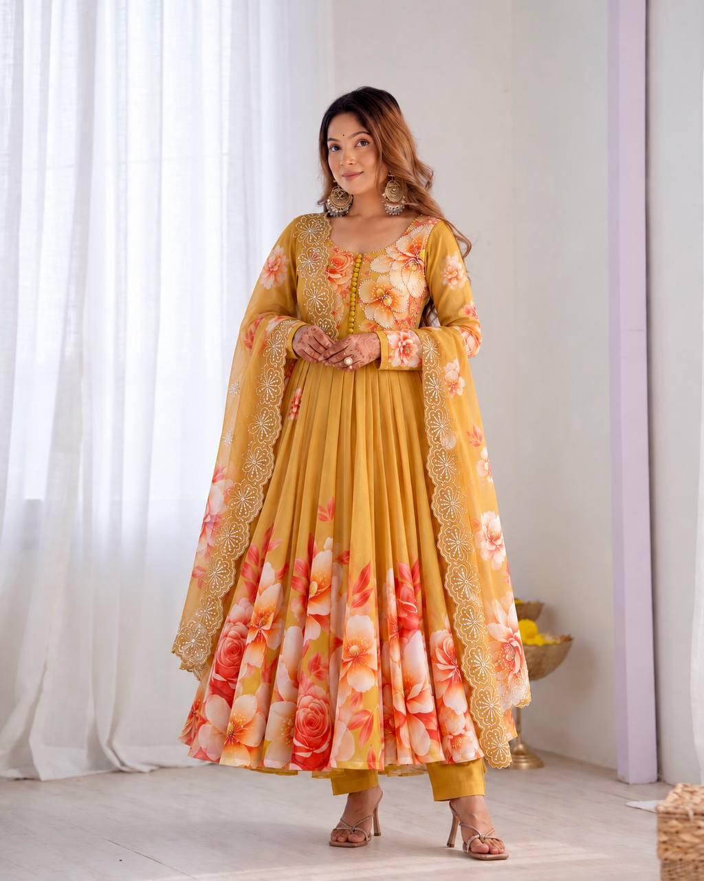 Mustard Tabby Organza Floral Print Anarkali Gown with Dupatta