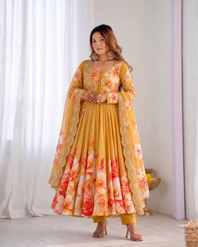 Mustard Tabby Organza Floral Print Anarkali Gown with Dupatta