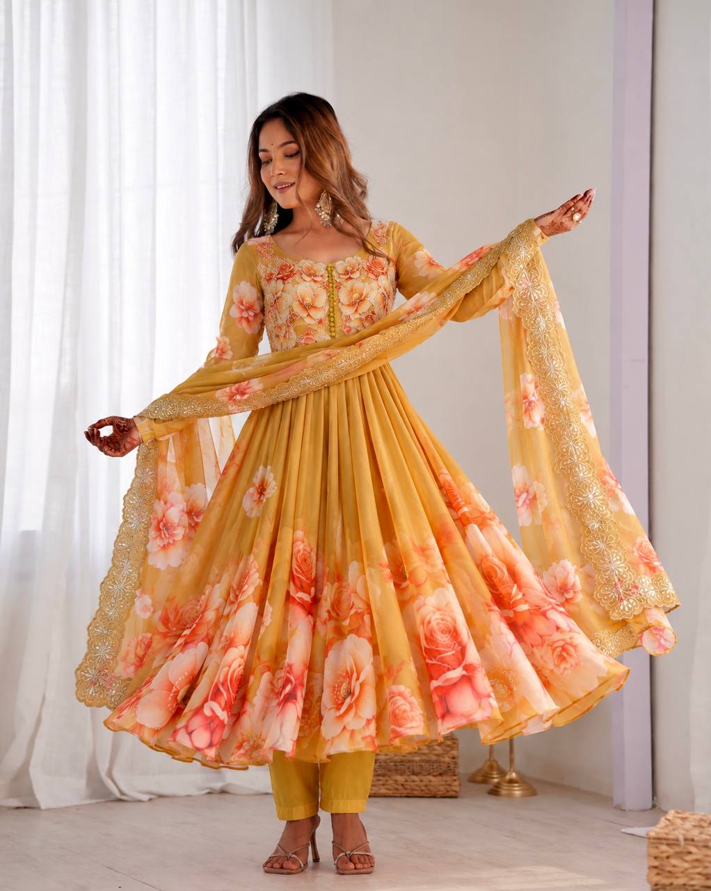 Mustard Tabby Organza Floral Print Anarkali Gown with Dupatta