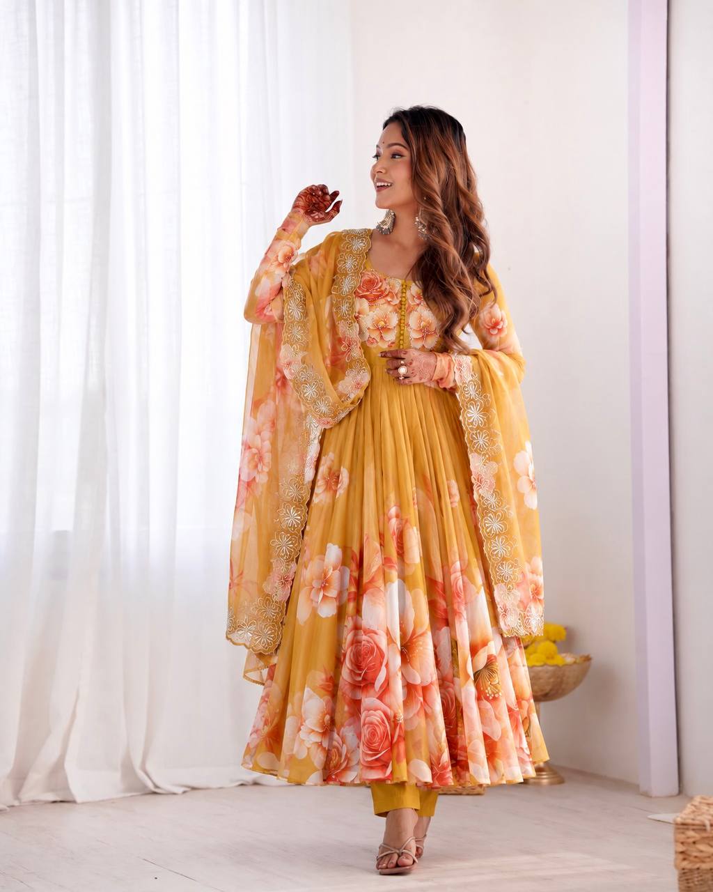 Mustard Tabby Organza Floral Print Anarkali Gown with Dupatta