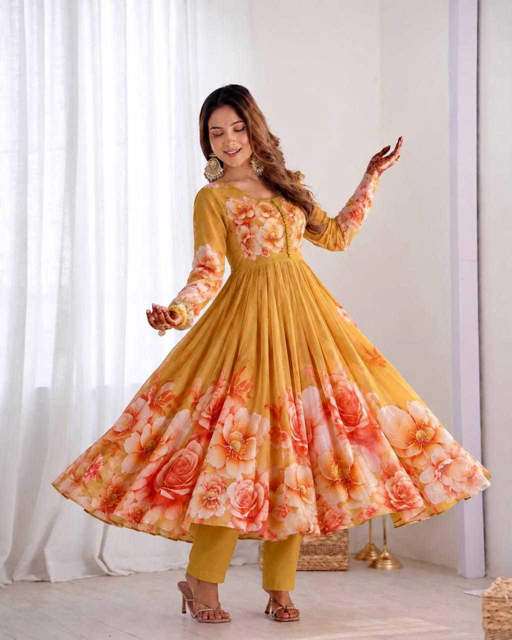Mustard Tabby Organza Floral Print Anarkali Gown with Dupatta