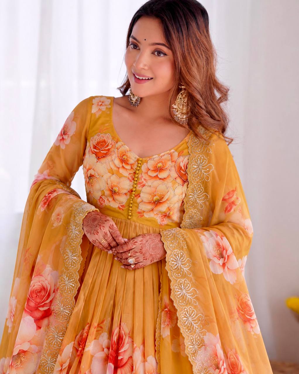 Mustard Tabby Organza Floral Print Anarkali Gown with Dupatta