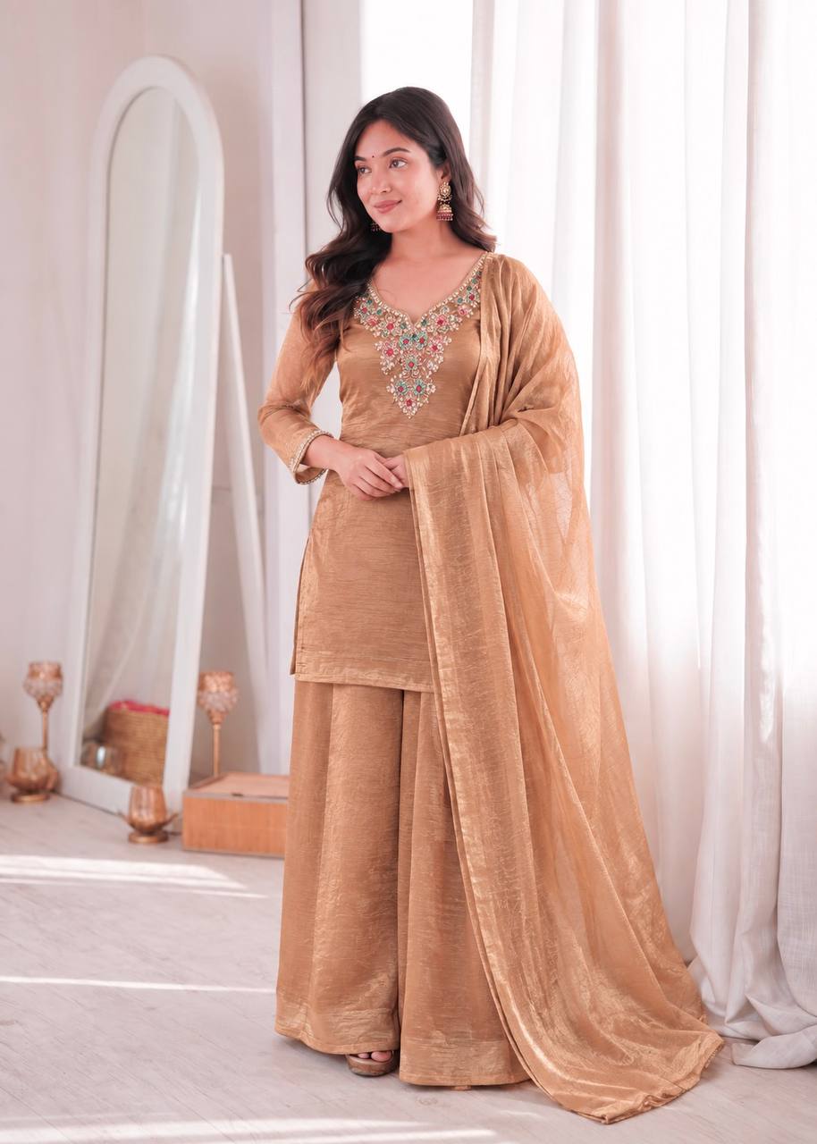 Golden Salsa Silk Embroidered Palazzo Suit Set with Dupatta