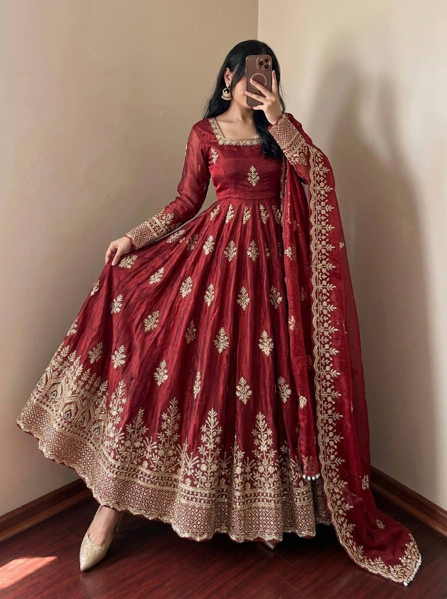 Maroon Fendy Silk Embroidered Anarkali Gown