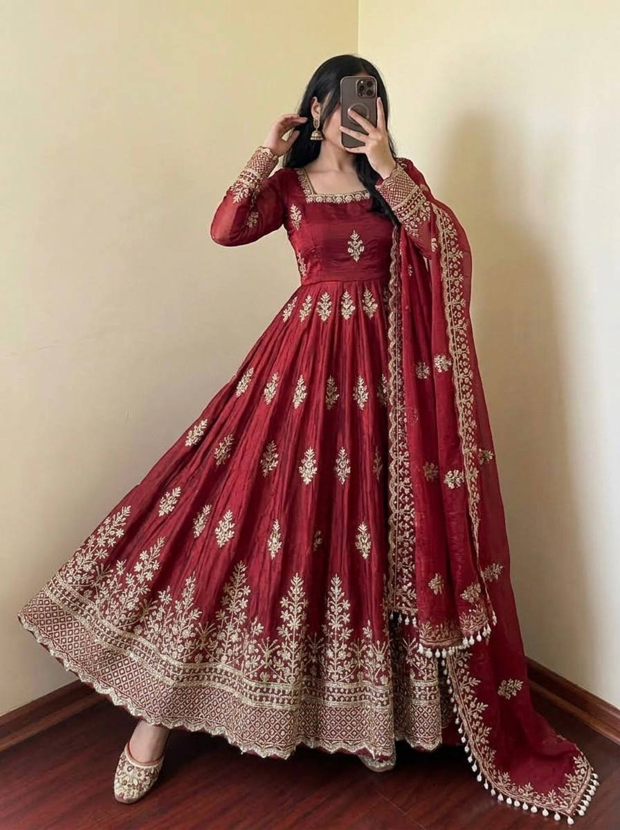 Maroon Fendy Silk Embroidered Anarkali Gown