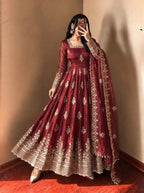 Maroon Fendy Silk Embroidered Anarkali Gown
