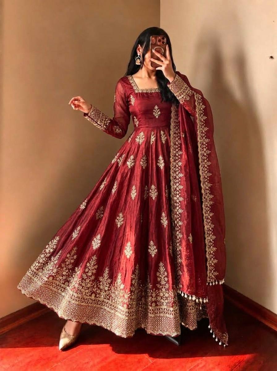 Maroon Fendy Silk Embroidered Anarkali Gown