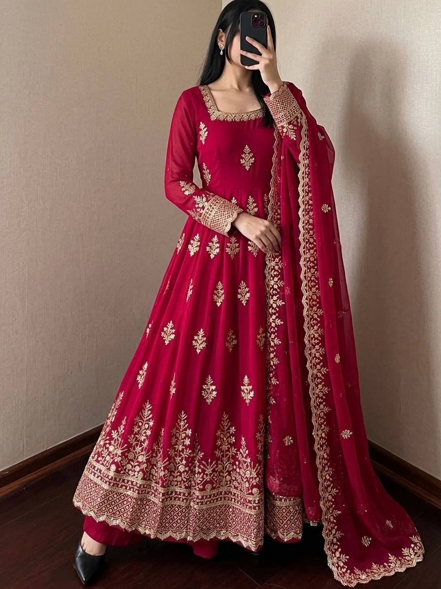 Rani Pink Fendy Silk Embroidered Anarkali Gown