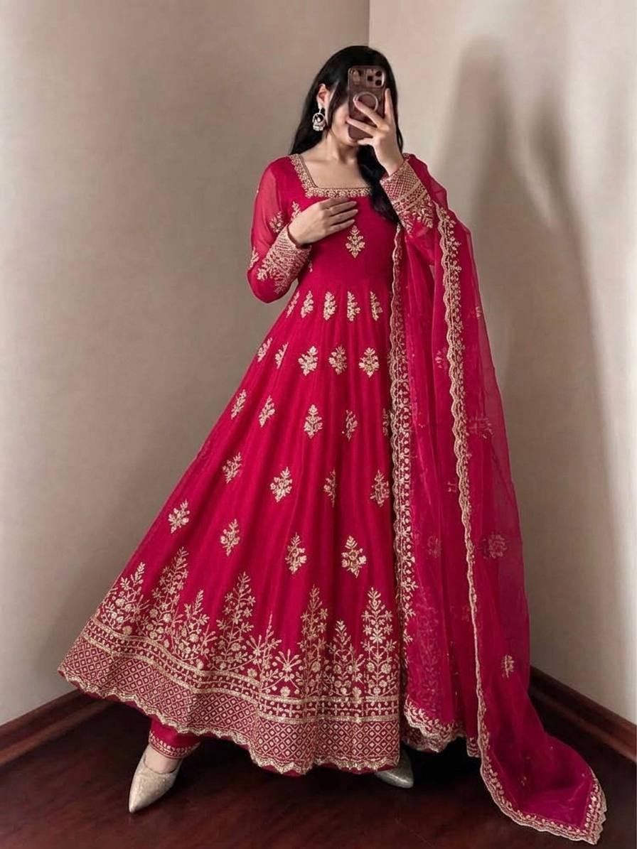 Rani Pink Fendy Silk Embroidered Anarkali Gown