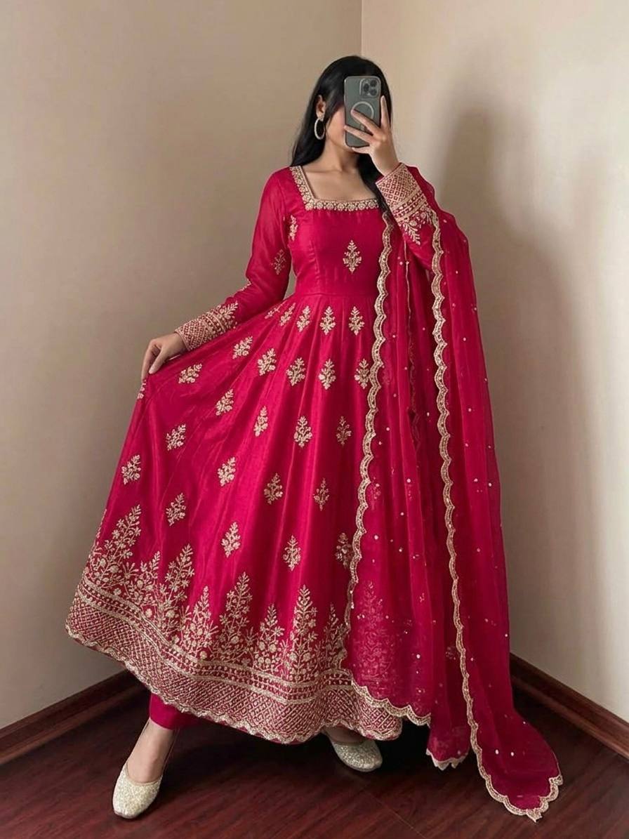 Rani Pink Fendy Silk Embroidered Anarkali Gown