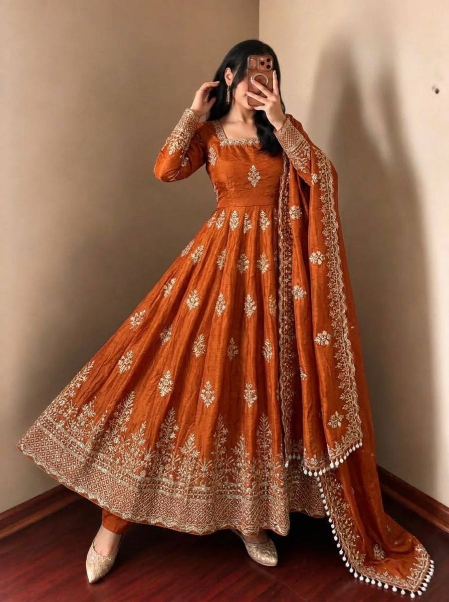 Rust Fendy Silk Embroidered Anarkali Gown
