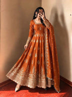 Rust Fendy Silk Embroidered Anarkali Gown
