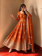 Rust Fendy Silk Embroidered Anarkali Gown