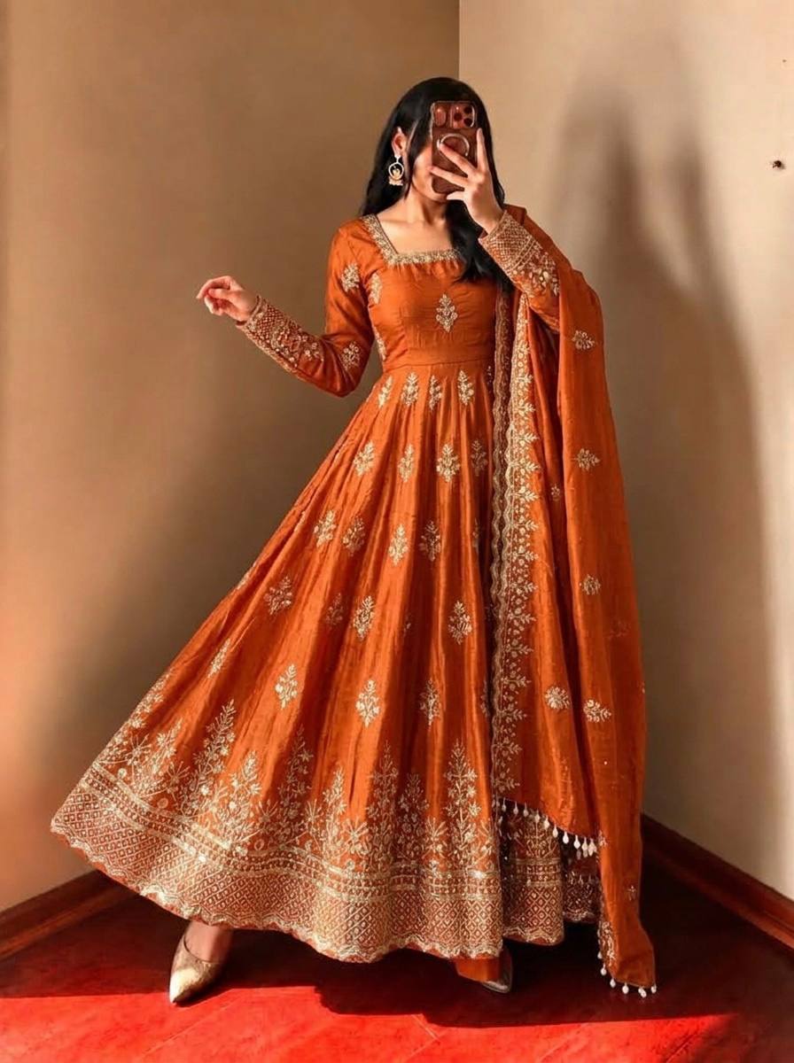 Rust Fendy Silk Embroidered Anarkali Gown