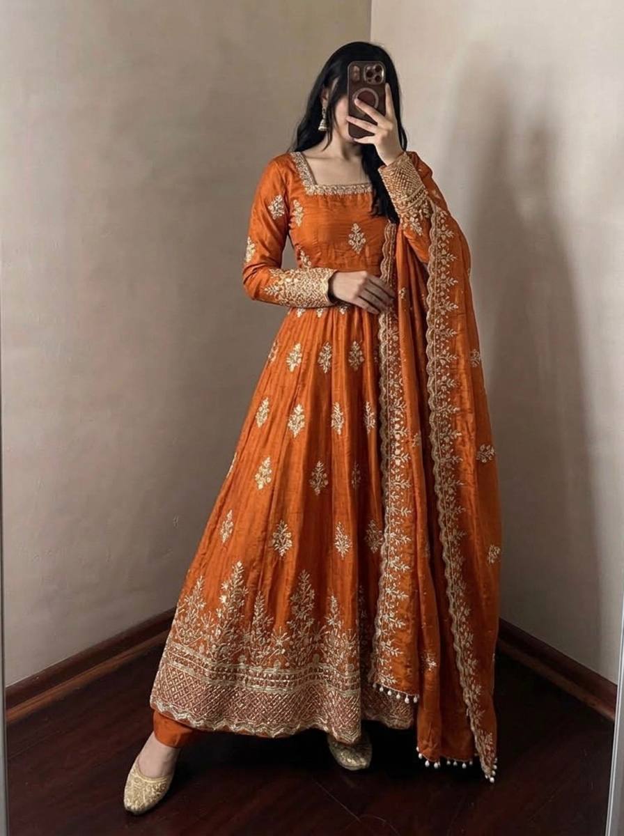 Rust Fendy Silk Embroidered Anarkali Gown
