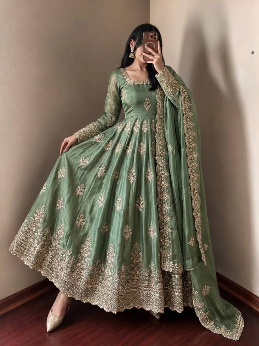 Sage Green Fendy Silk Embroidered Anarkali Gown