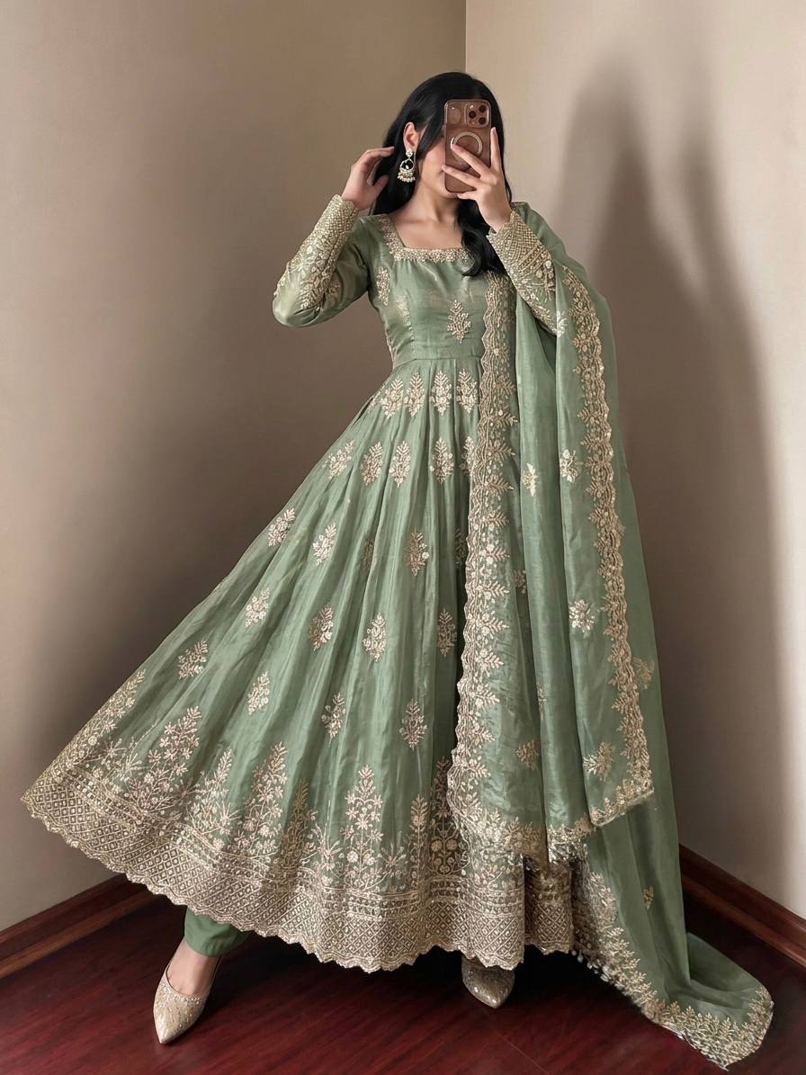 Sage Green Fendy Silk Embroidered Anarkali Gown