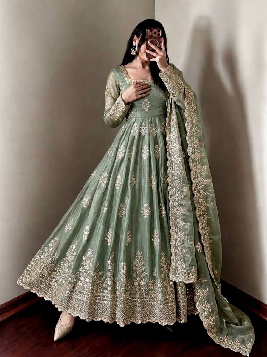 Sage Green Fendy Silk Embroidered Anarkali Gown