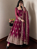 Wine Fendy Silk Embroidered Anarkali Gown