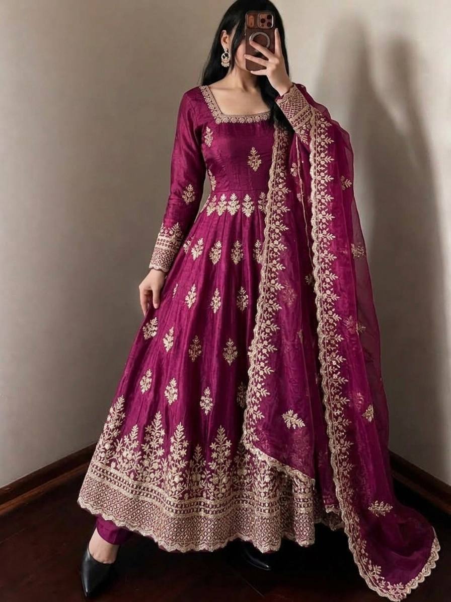 Wine Fendy Silk Embroidered Anarkali Gown